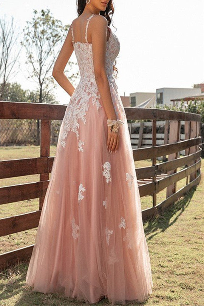 A Line Tulle Straps Applique Tulle On Sale Evening Dress Prom Dresses Online Rjerdress