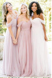 A Line Tulle Sweetheart Off the Shoulder Long Ruffles Bridesmaid Dresses Rjerdress