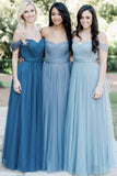 A Line Tulle Sweetheart Off the Shoulder Long Ruffles Bridesmaid Dresses Rjerdress