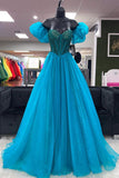 A Line Tulle Sweetheart Puff Off The Shoulder Beaded Long Prom Dress Rjerdress