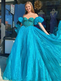 A Line Tulle Sweetheart Puff Off The Shoulder Beaded Long Prom Dress Rjerdress