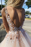 A Line Tulle V Neck Prom Dresses Beads Pink Lace Appliques Backless Evening Dresses RJS533 Rjerdress