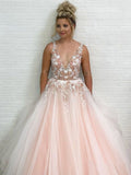 A Line Tulle V Neck Prom Dresses Beads Pink Lace Appliques Backless Evening Dresses RJS533