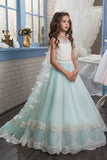 A Line Tulle With Applique Flower Girl Dresses Scoop Sweep Train Rjerdress
