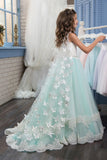 A Line Tulle With Applique Flower Girl Dresses Scoop Sweep Train Rjerdress