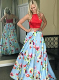 A Line Two Piece Crew Open Back Prom Dresses Light Blue Printed Evening Dresses RJS846