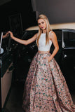 A Line Two Piece Floral Print Beautiful Prom Dresses with Pockets Evening Dresses RJS322