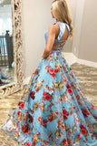A Line Two Piece Floral Round Neck Sweep Train Blue Organza Prom Dresses