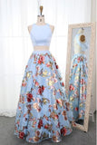 A Line Two Piece Floral Round Neck Sweep Train Blue Organza Prom Dresses Rjerdress