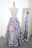 A Line Two Piece Floral Round Neck Sweep Train Blue Organza Prom Dresses Rjerdress