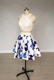 A Line Two Piece Ivory Jewel Floral Print Satin Short Homecoming Dress with Pearls RJS818