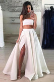 A Line Two Piece Lace White Prom Dresses High Slit Long Cheap Evening Dresses RJS670