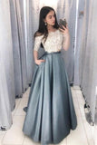 A-Line Two Piece Long Lace Satin Elegant Prom Dresses For Teens Rjerdress