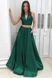 A Line Two Piece Satin V-neck Green Princess Floor-length with Pockets Prom Dresses RJS619