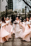 A Line Two Piece Short Sleeves Floor-Length Pink Bridesmaid Dress with Lace