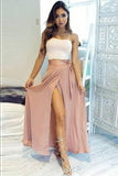 A-Line Two Piece Strapless Ankle-Length High Split Sleeveless Pink Chiffon Prom Dresses uk Rjerdress