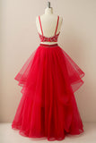A Line Two Pieces Halter Long Tulle Backless Prom Dress with Beading Rjerdress