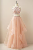 A Line Two Pieces Halter Long Tulle Backless Prom Dress with Beading Rjerdress