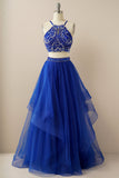 A Line Two Pieces Halter Long Tulle Backless Prom Dress with Beading