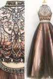 A-Line Two Pieces Long Black And Pink Modest Beading Prom Dresses Rjerdress