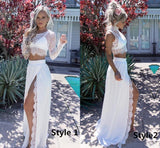 A Line Two Pieces Long Sleeve Prom Dresses Scoop High Slit White Evening Dresses rjs665 Rjerdress