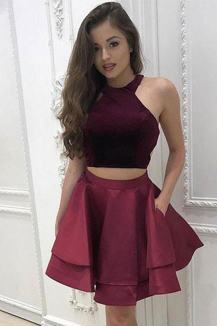 A-Line Two Pieces Scoop Short Satin Burgundy Halter Above Knee Homecoming Dress RRJS300 Rjerdress