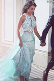 A-Line Two Pieces Sheath Round Neck Blue Tulle Prom Dresses with Lace Sequins Overskirt RJS266