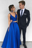 A Line Two Pieces Spaghetti Straps Simple Long Cheap V Neck Blue Sleeveless Prom Dress RJS637