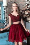 A Line Two Pieces V Neck Beads Burgundy Lace Short Cocktail Dresses Homecoming Dresses RJS703