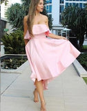 A Line Unique Strapless High Low Pink Satin Bridesmaid Dresses with Bowknot Rjerdress
