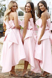 A Line Unique Strapless High Low Pink Satin Bridesmaid Dresses with Bowknot Rjerdress