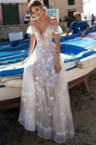 A-Line Unique White Spaghetti Straps Lace V-neck Long Off-the-Shoulder Wedding Dress Rjerdress