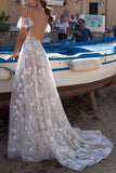 A-Line Unique White Spaghetti Straps Lace V-neck Long Off-the-Shoulder Wedding Dress Rjerdress