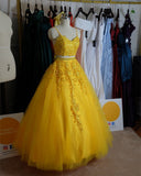 A Line V Neck 2 Piece Tulle Prom Dresses With Appliques Rjerdress