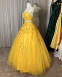A Line V Neck 2 Piece Tulle Prom Dresses With Appliques Rjerdress