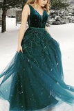 A Line V-Neck Backless Green Prom Dress With Appliques Beading Evening Gown RJS458
