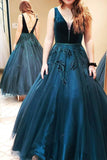 A Line V-Neck Backless Green Prom Dress With Appliques Beading Evening Gown RJS458 Rjerdress