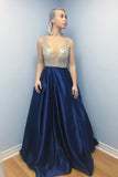 A-Line V Neck Backless Sweep Train Dark Blue Satin Prom Dress with Beads RJS631