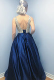 A-Line V Neck Backless Sweep Train Dark Blue Satin Prom Dress with Beads RJS631 Rjerdress