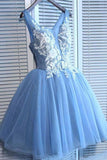 A Line V Neck Blue Tulle Cheap Beads Short Homecoming Dresses with Lace Appliques RJS05