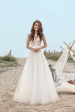 A-Line V-Neck Boho Sleeveless Tulle Lace Floor-Length Open Back Beach Wedding Dress Rjerdress