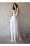 A-Line V-Neck Cap Sleeves Tulle Beach Bride Dresses With Appliques Rjerdress