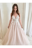 A Line V Neck Champagne Tulle Prom Dresses Wedding Dress Formal Dresses Rjerdress