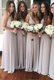 A Line V Neck Chiffon Sleeveless Gray Formal Cheap Prom Bridesmaid Dresses Rjerdress