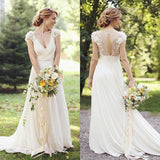 A-Line V-Neck Chiffon with Lace Appliqued Cap Sleeves Chapel Train Wedding Dresses Rjerdress