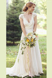A-Line V-Neck Chiffon with Lace Appliqued Cap Sleeves Chapel Train Wedding Dresses