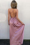 A-Line V Neck Criss Cross Back Blush Pink Satin Floor Length Prom Dresses with Split RJS12 Rjerdress