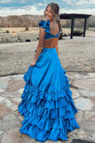 A-Line V Neck Cutout Ruffle Tiered Long Prom Dress with Slit Rjerdress