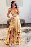 A-Line V Neck Cutout Ruffle Tiered Long Prom Dress with Slit Rjerdress