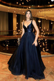 A-Line V-Neck Dark Blue Sleeveless Satin Floor-Length Sweep Train Prom Dresses rjs259